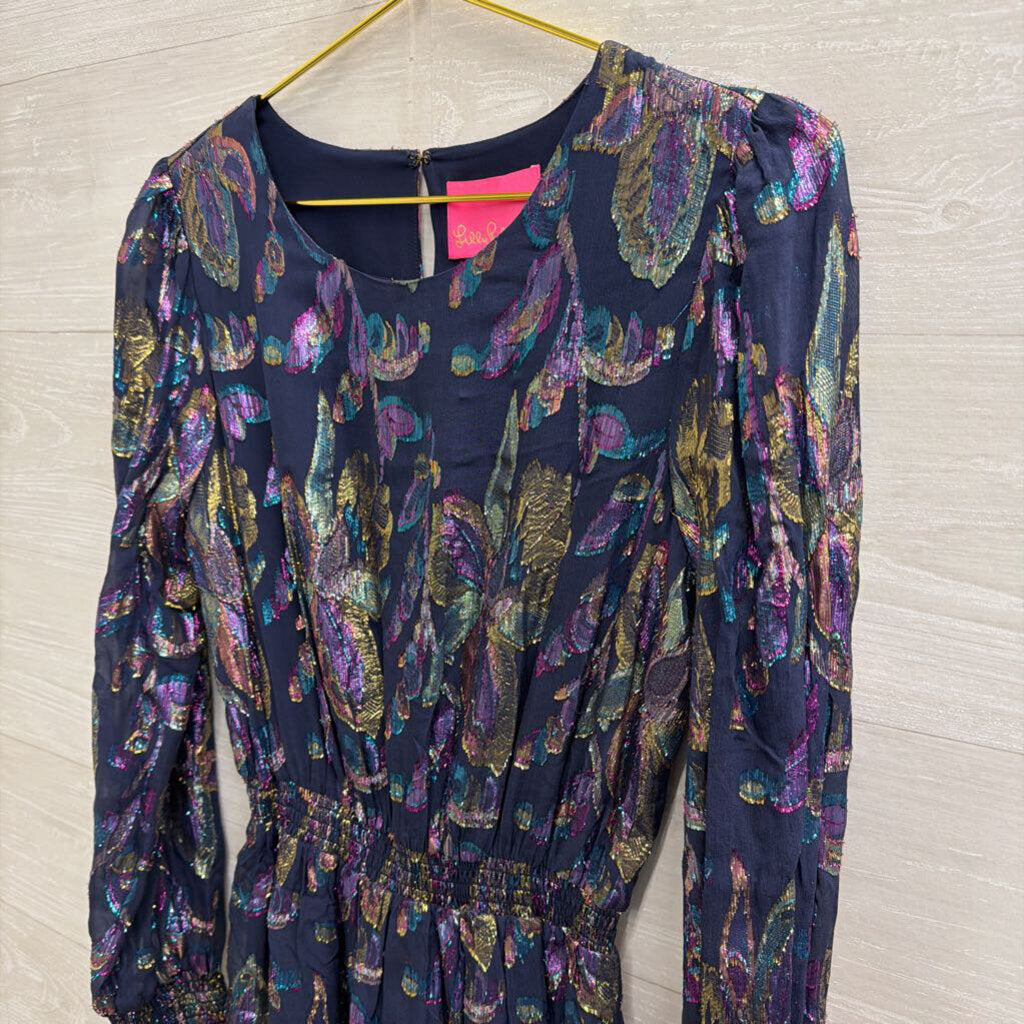 Lilly Pulitzer Blue/ Multi Metallic Thread Print Long Sleeve Dress 6