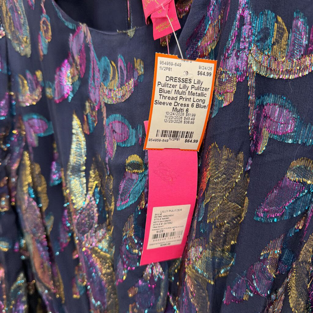 Lilly Pulitzer Blue/ Multi Metallic Thread Print Long Sleeve Dress 6