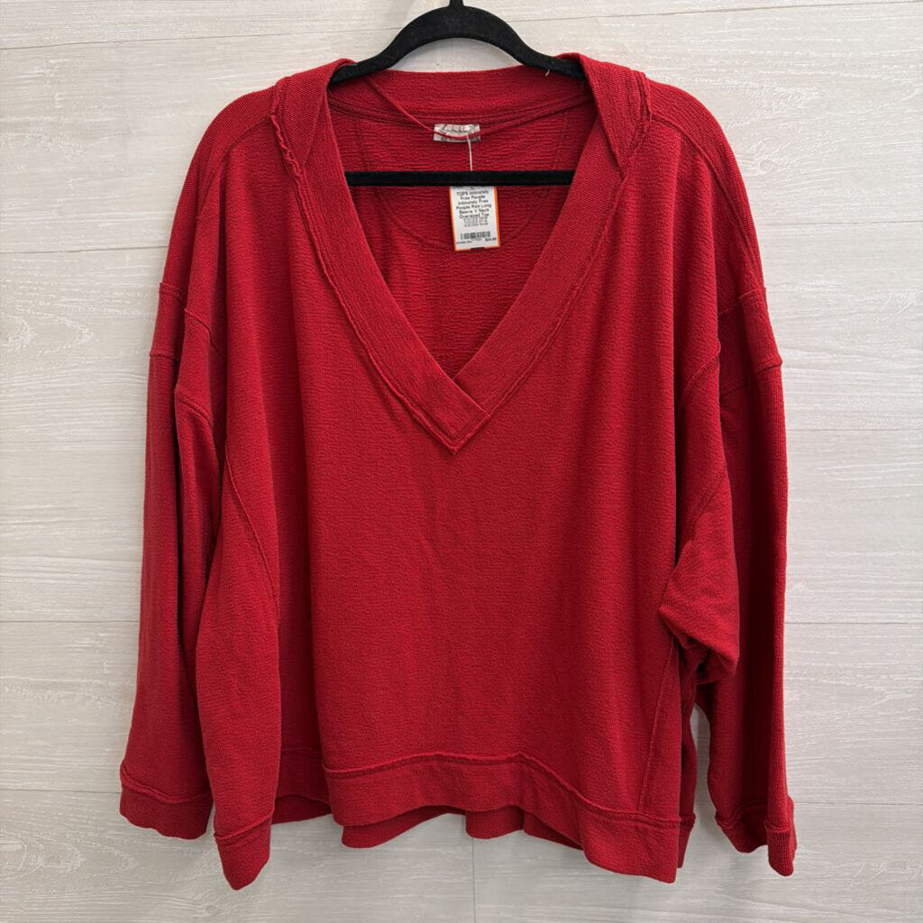 Intimately Free People Red Long Sleeve V Neck Oversized Top Medium