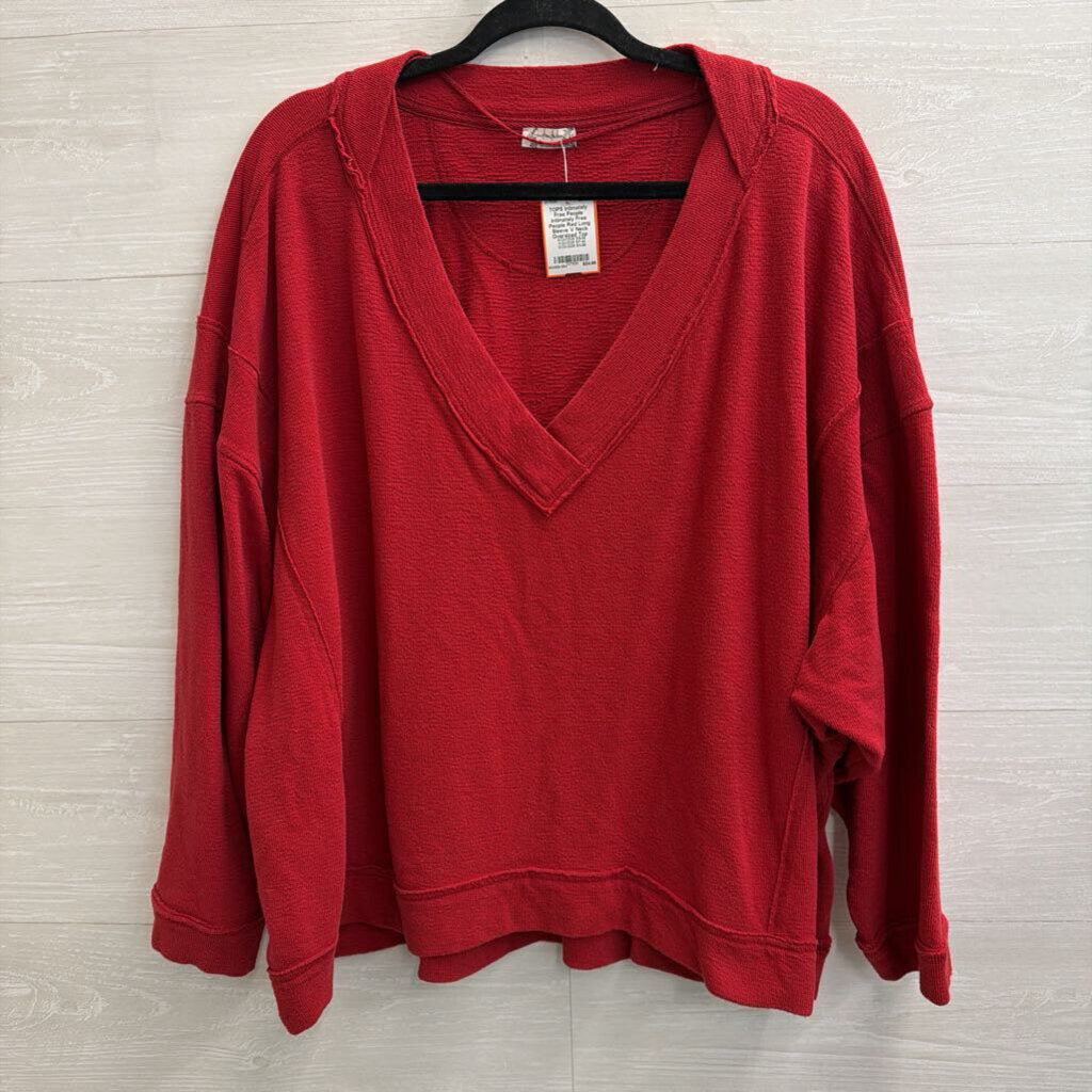 Intimately Free People Red Long Sleeve V Neck Oversized Top Medium
