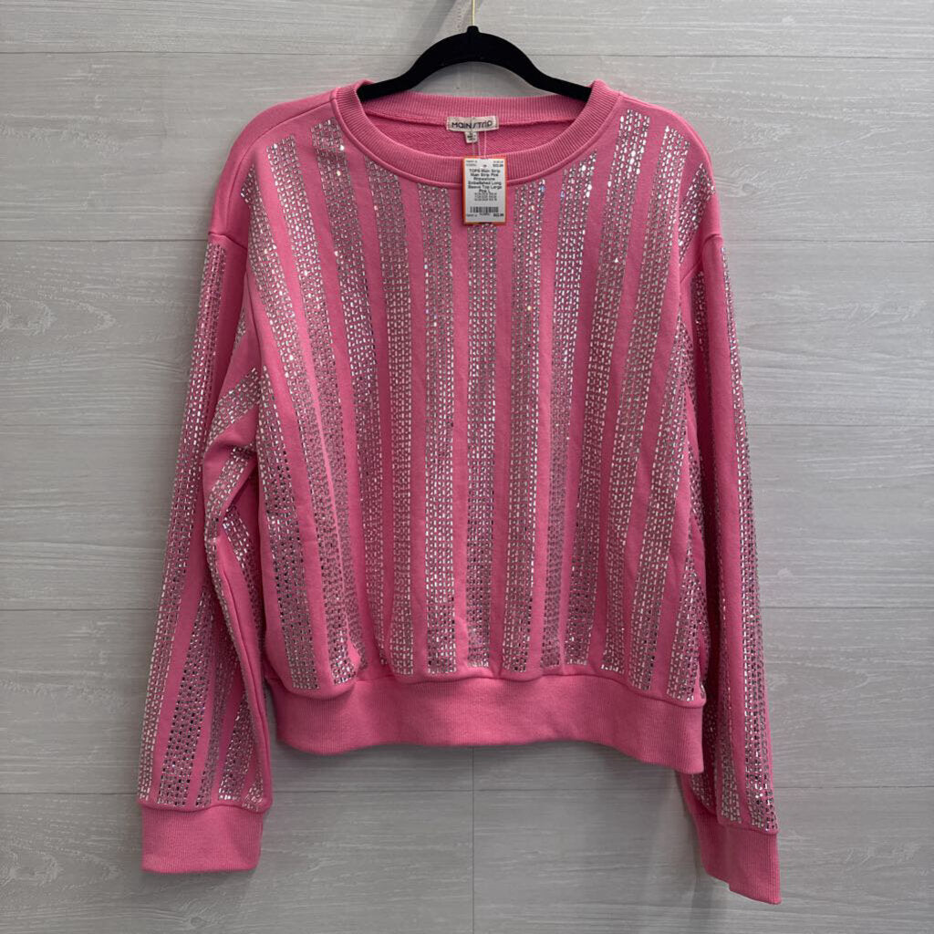 Main Strip Pink Rhinestone Embellished Long Sleeve Top Large