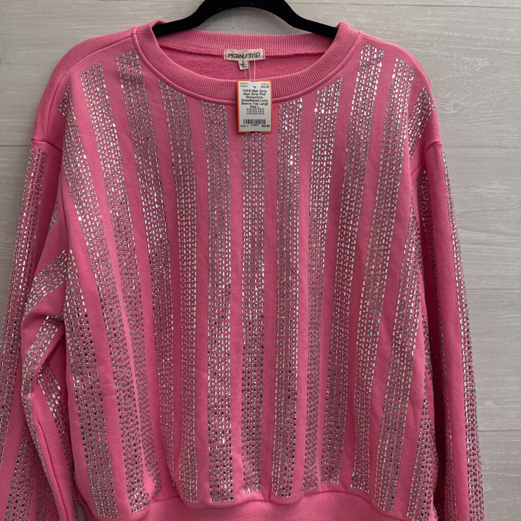 Main Strip Pink Rhinestone Embellished Long Sleeve Top Large