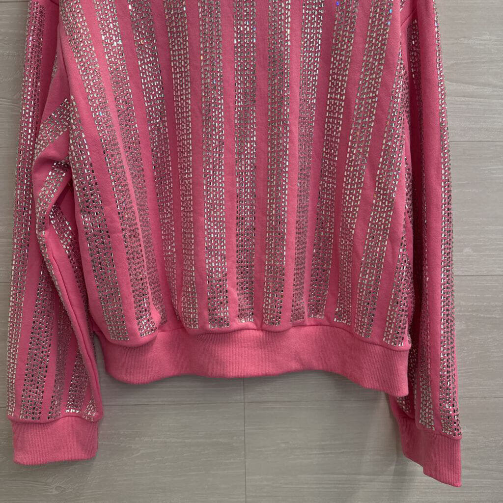 Main Strip Pink Rhinestone Embellished Long Sleeve Top Large