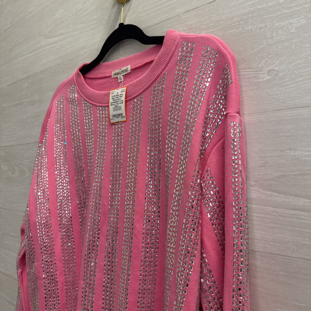 Main Strip Pink Rhinestone Embellished Long Sleeve Top Large