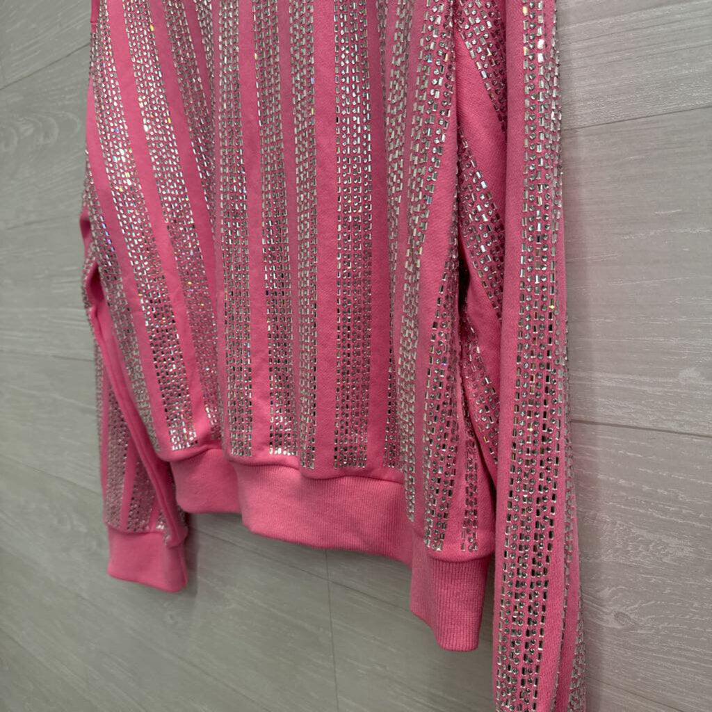 Main Strip Pink Rhinestone Embellished Long Sleeve Top Large