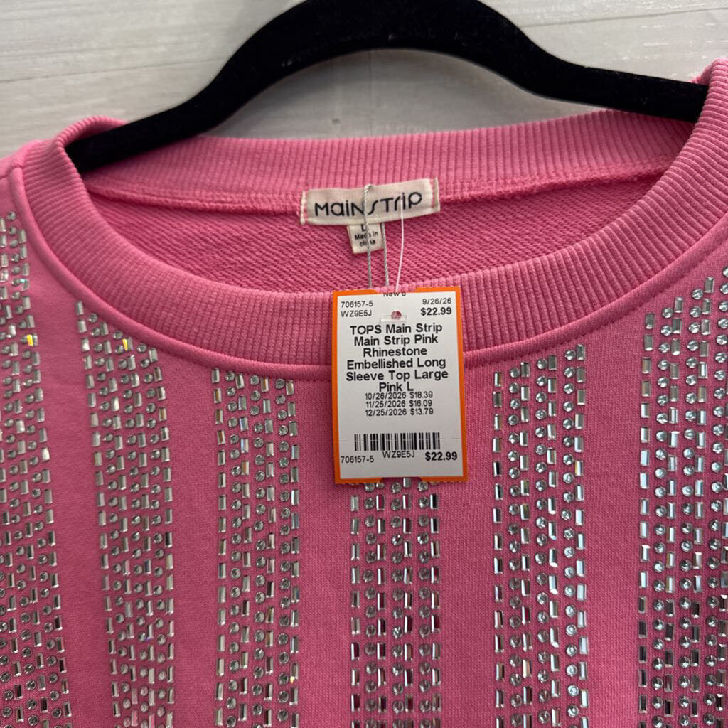 Main Strip Pink Rhinestone Embellished Long Sleeve Top Large
