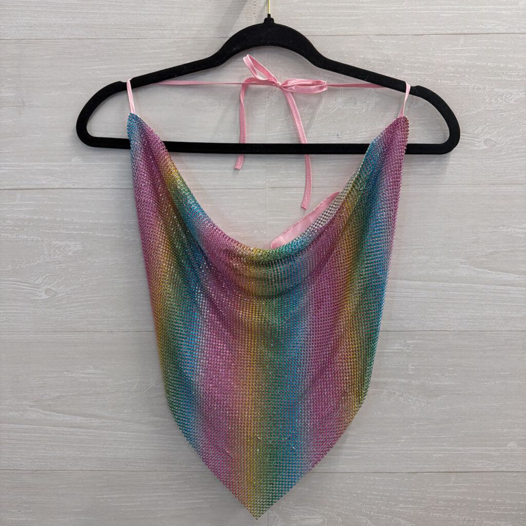 Lydia USA Rainbow Rhinestone Mesh Halter Top One Size