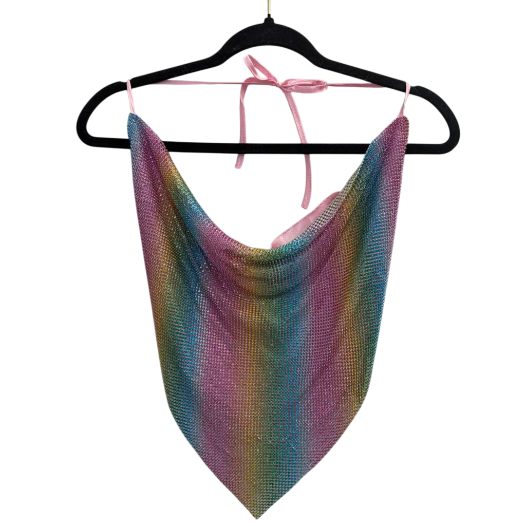 Lydia USA Rainbow Rhinestone Mesh Halter Top One Size