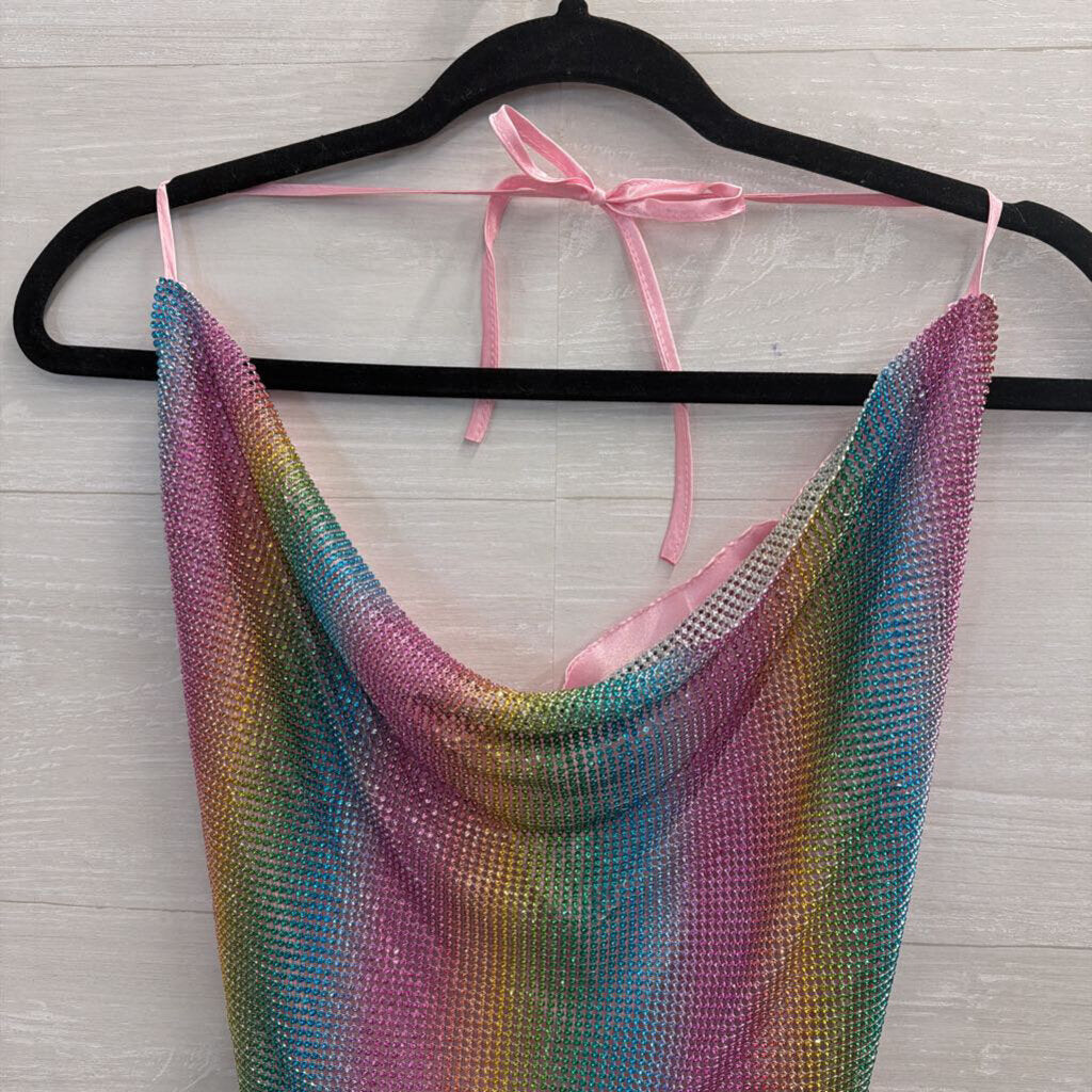 Lydia USA Rainbow Rhinestone Mesh Halter Top One Size