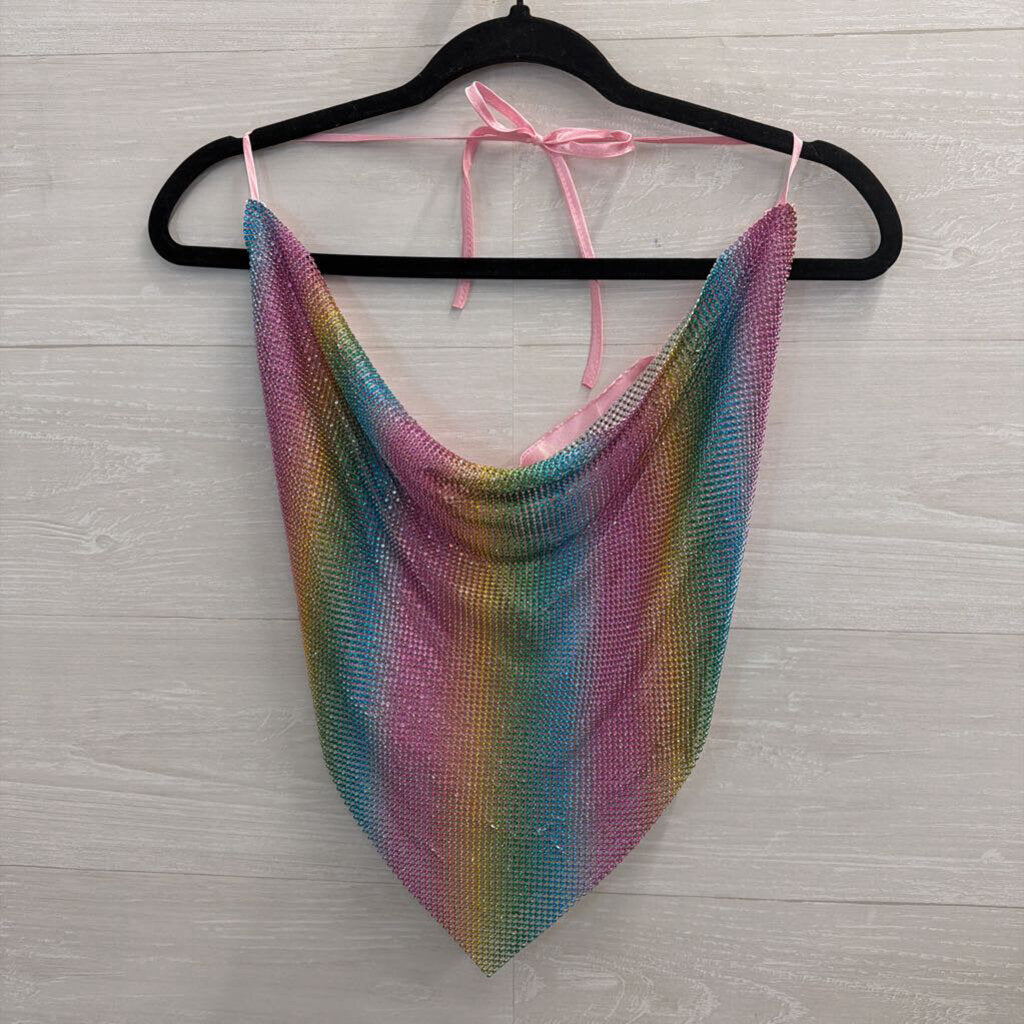 Lydia USA Rainbow Rhinestone Mesh Halter Top One Size