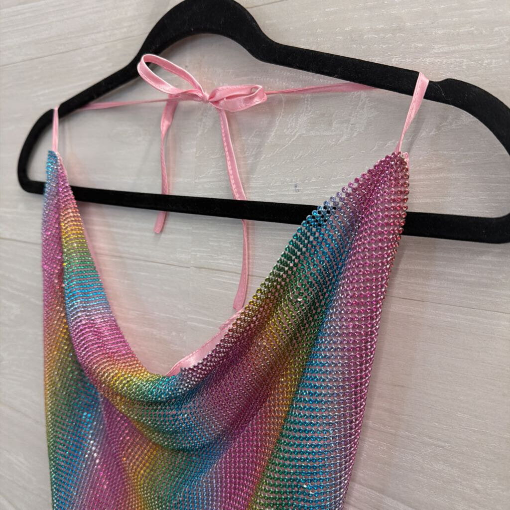 Lydia USA Rainbow Rhinestone Mesh Halter Top One Size