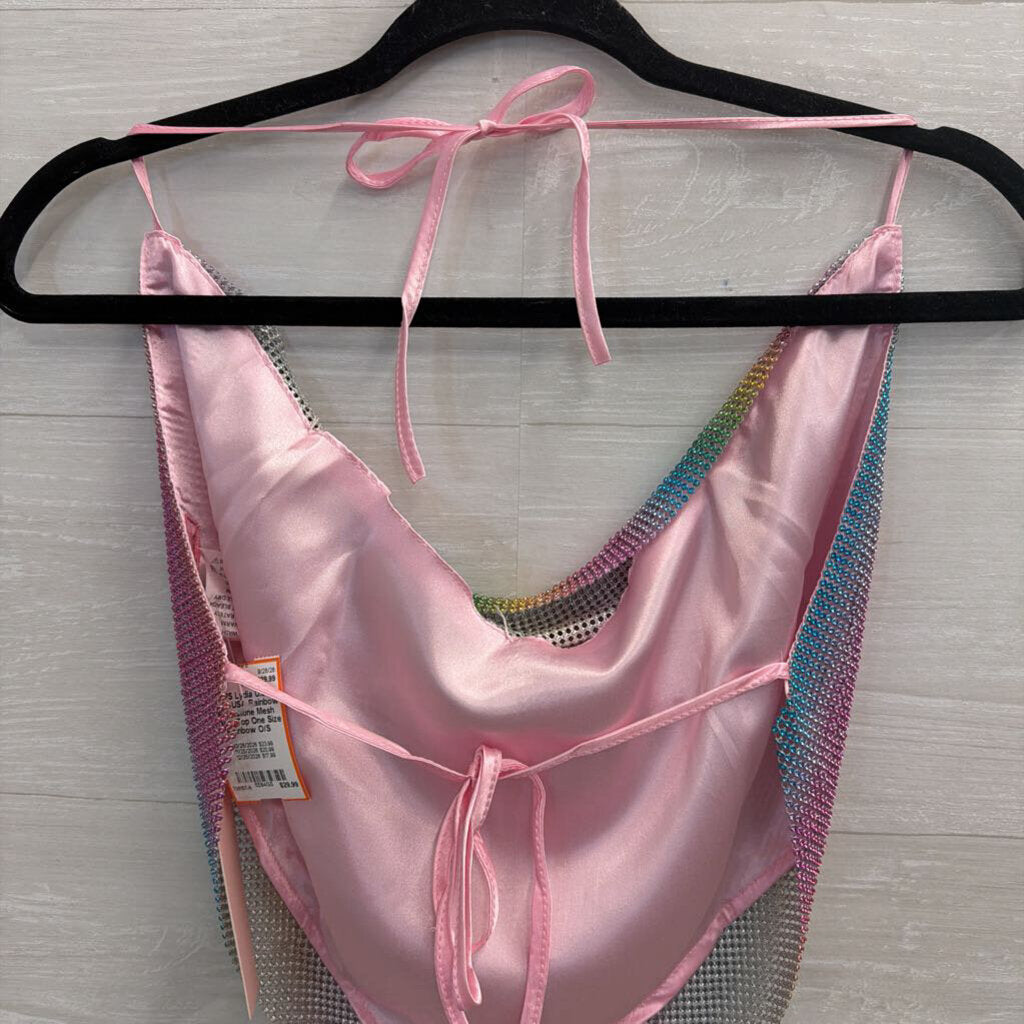 Lydia USA Rainbow Rhinestone Mesh Halter Top One Size