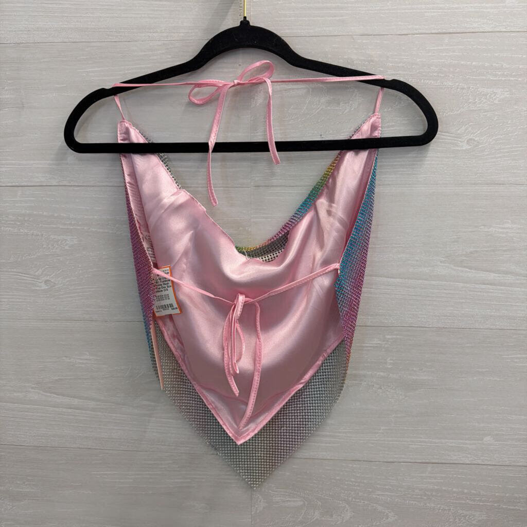 Lydia USA Rainbow Rhinestone Mesh Halter Top One Size