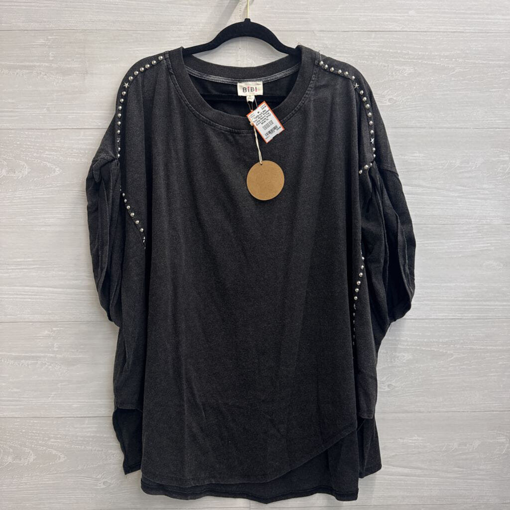 Bibi Grey/ Silver Studded Long Sleeve Top Extra Large
