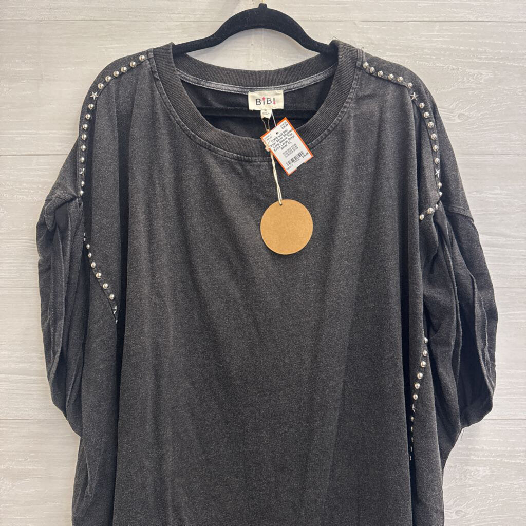 Bibi Grey/ Silver Studded Long Sleeve Top Extra Large
