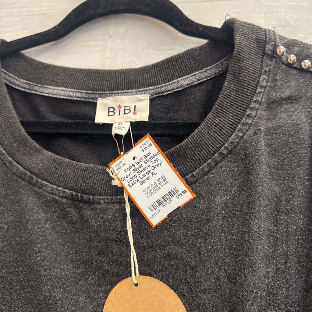 Bibi Grey/ Silver Studded Long Sleeve Top Extra Large