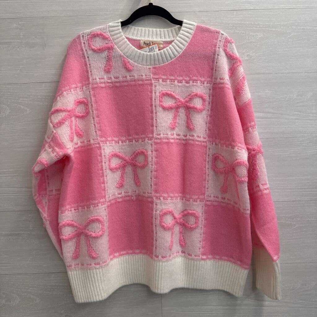 Peach Love Pink/ White Knit Bow Sweater Large