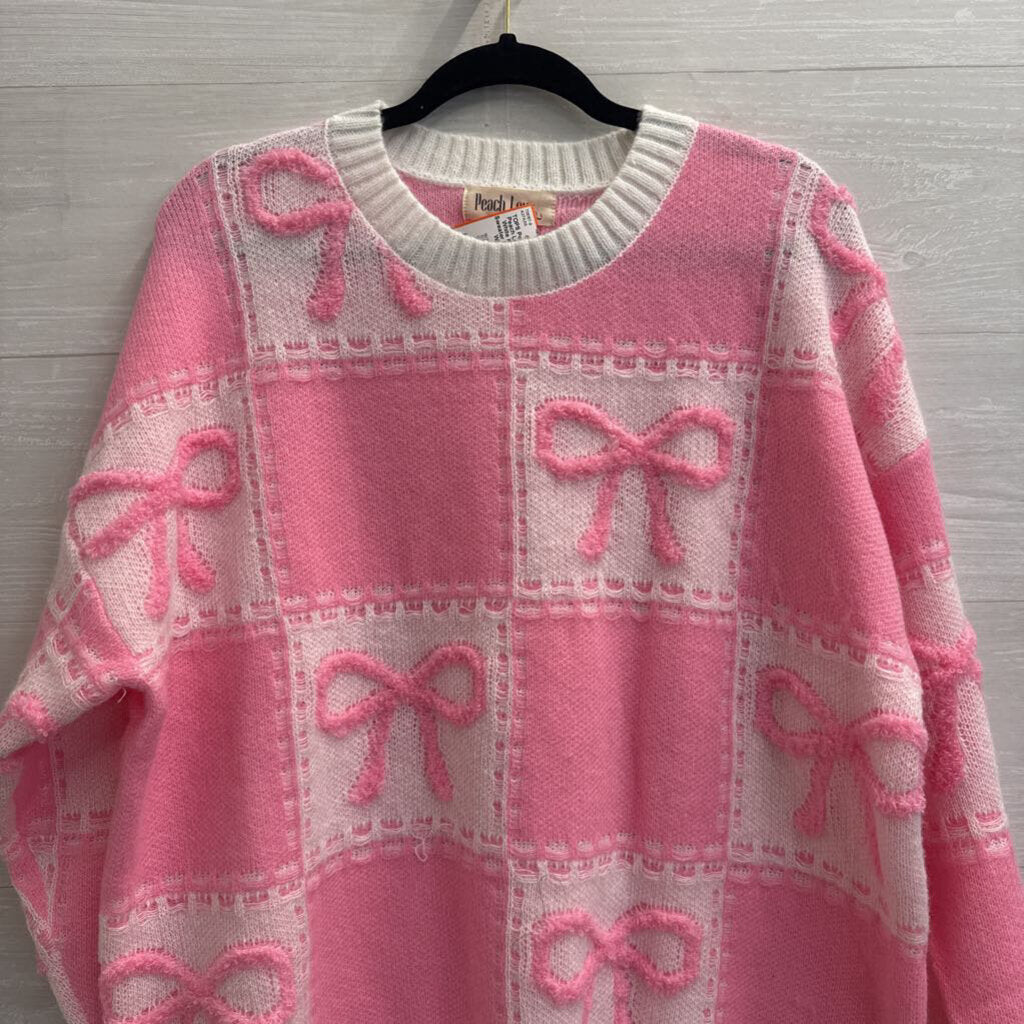 Peach Love Pink/ White Knit Bow Sweater Large