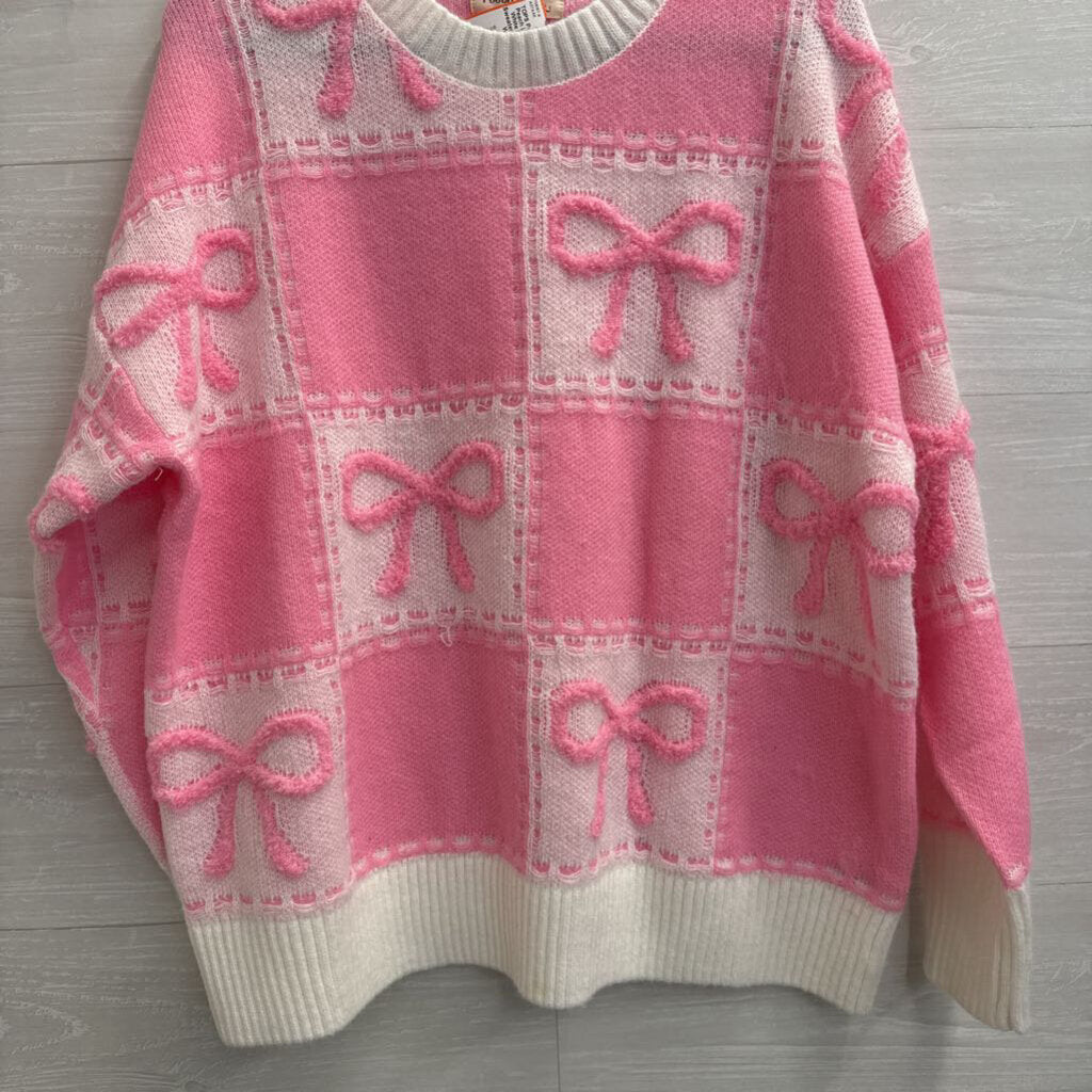 Peach Love Pink/ White Knit Bow Sweater Large
