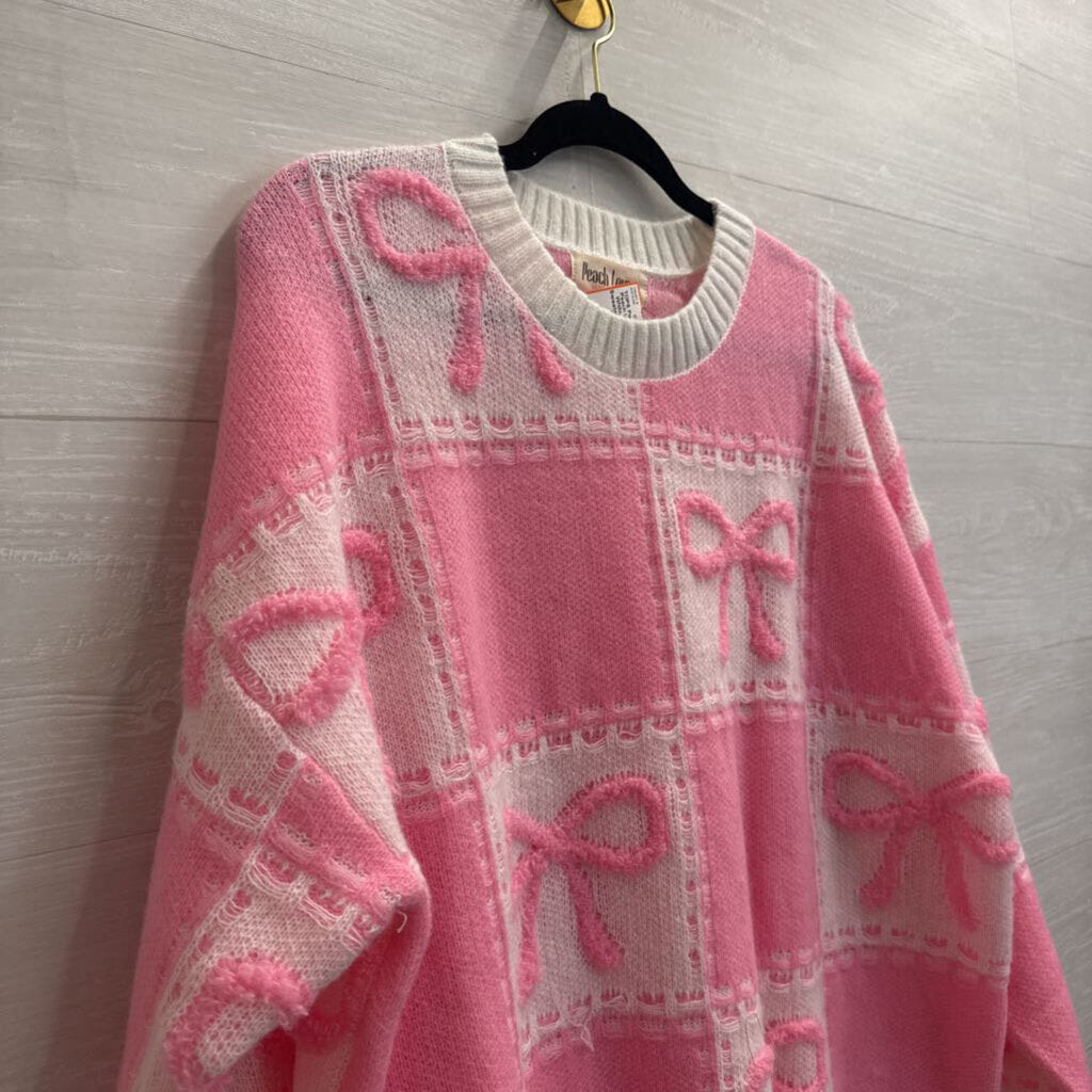 Peach Love Pink/ White Knit Bow Sweater Large