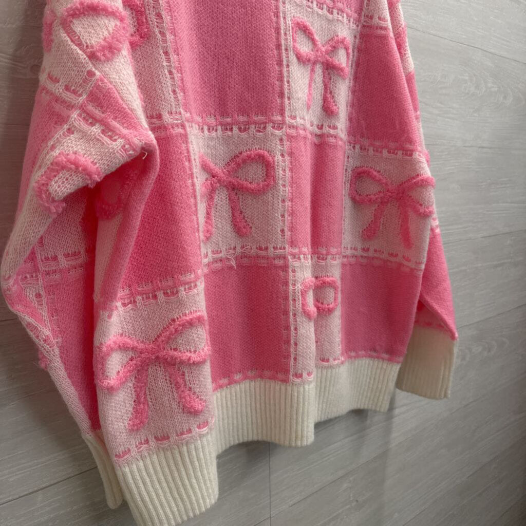 Peach Love Pink/ White Knit Bow Sweater Large