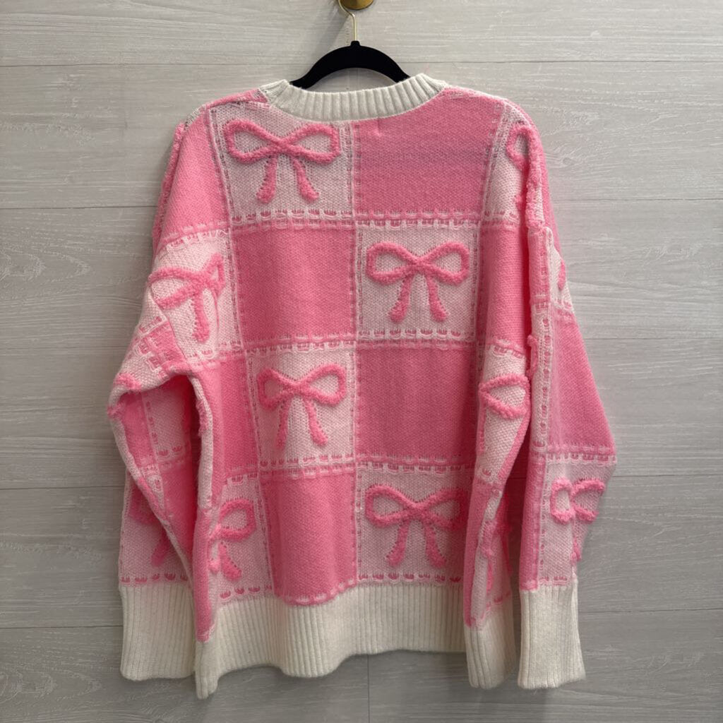 Peach Love Pink/ White Knit Bow Sweater Large