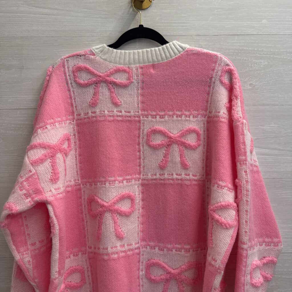 Peach Love Pink/ White Knit Bow Sweater Large