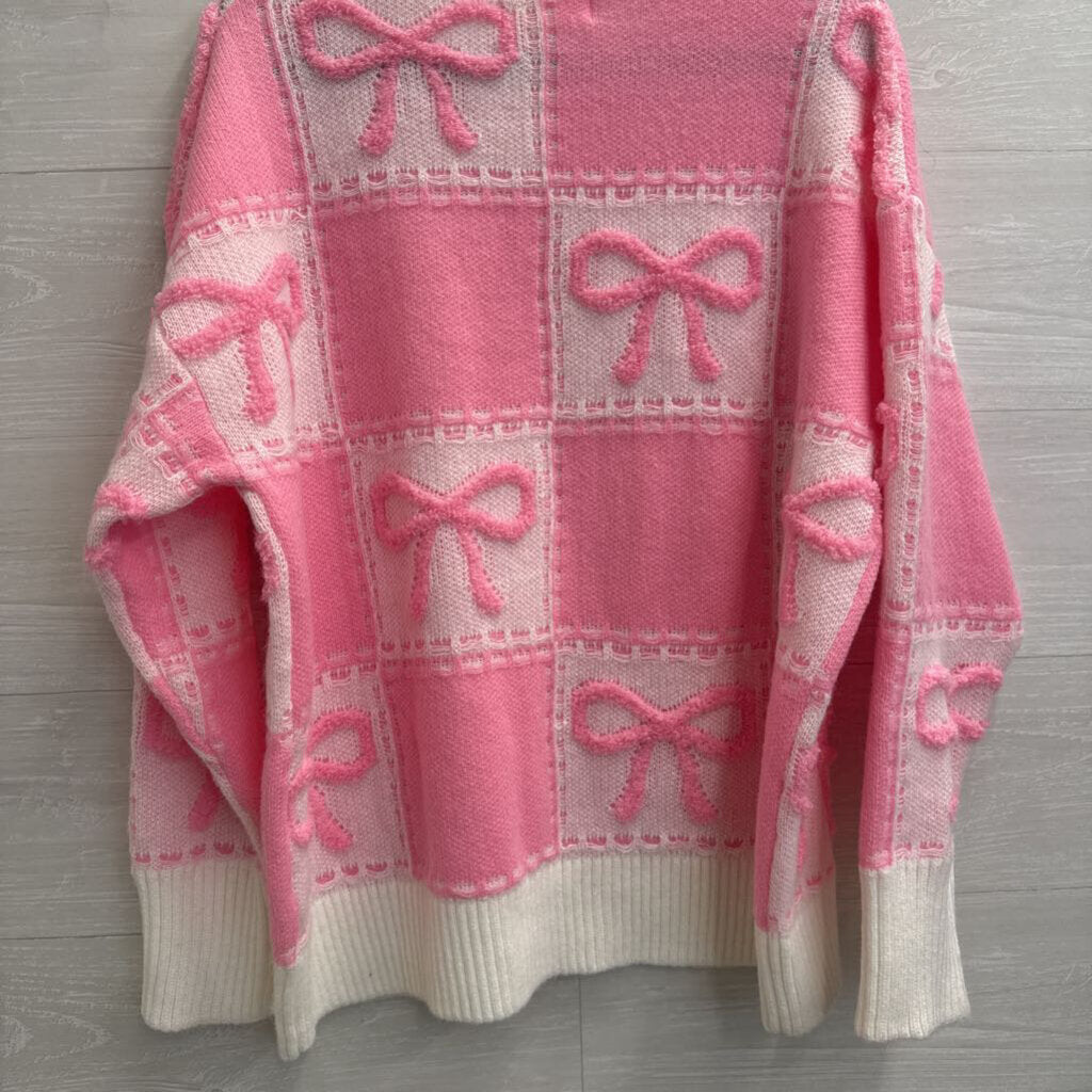 Peach Love Pink/ White Knit Bow Sweater Large
