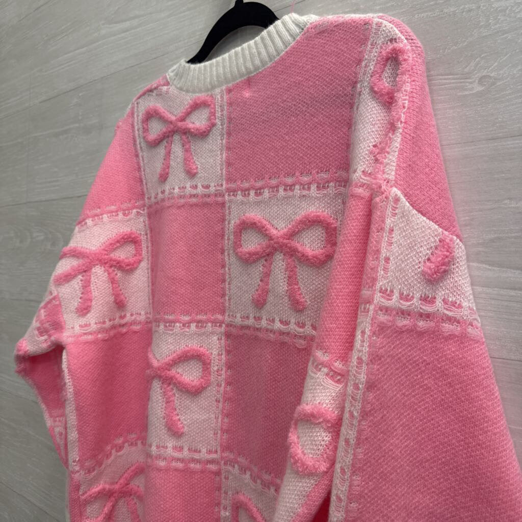 Peach Love Pink/ White Knit Bow Sweater Large