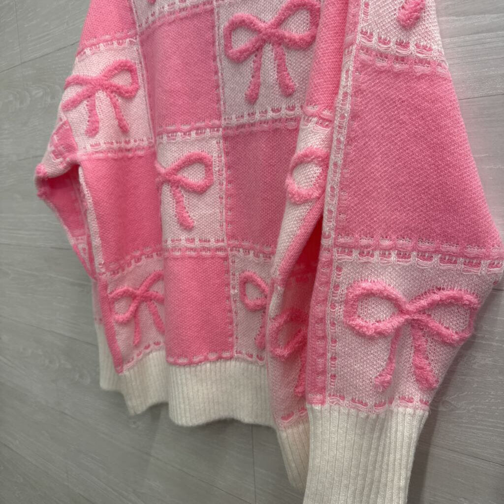 Peach Love Pink/ White Knit Bow Sweater Large