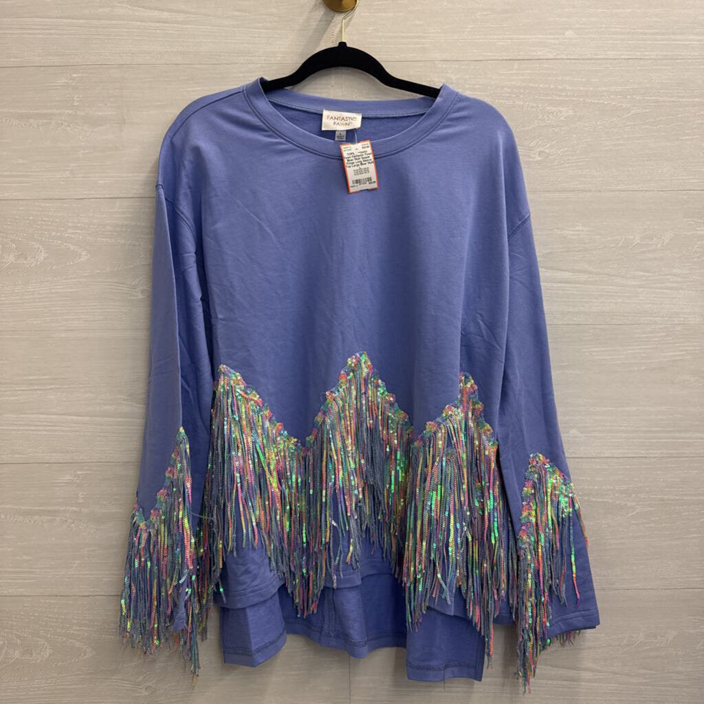 Fantastic Fawn Blue/ Multi Sequin Fringe Long Sleeve Top Large