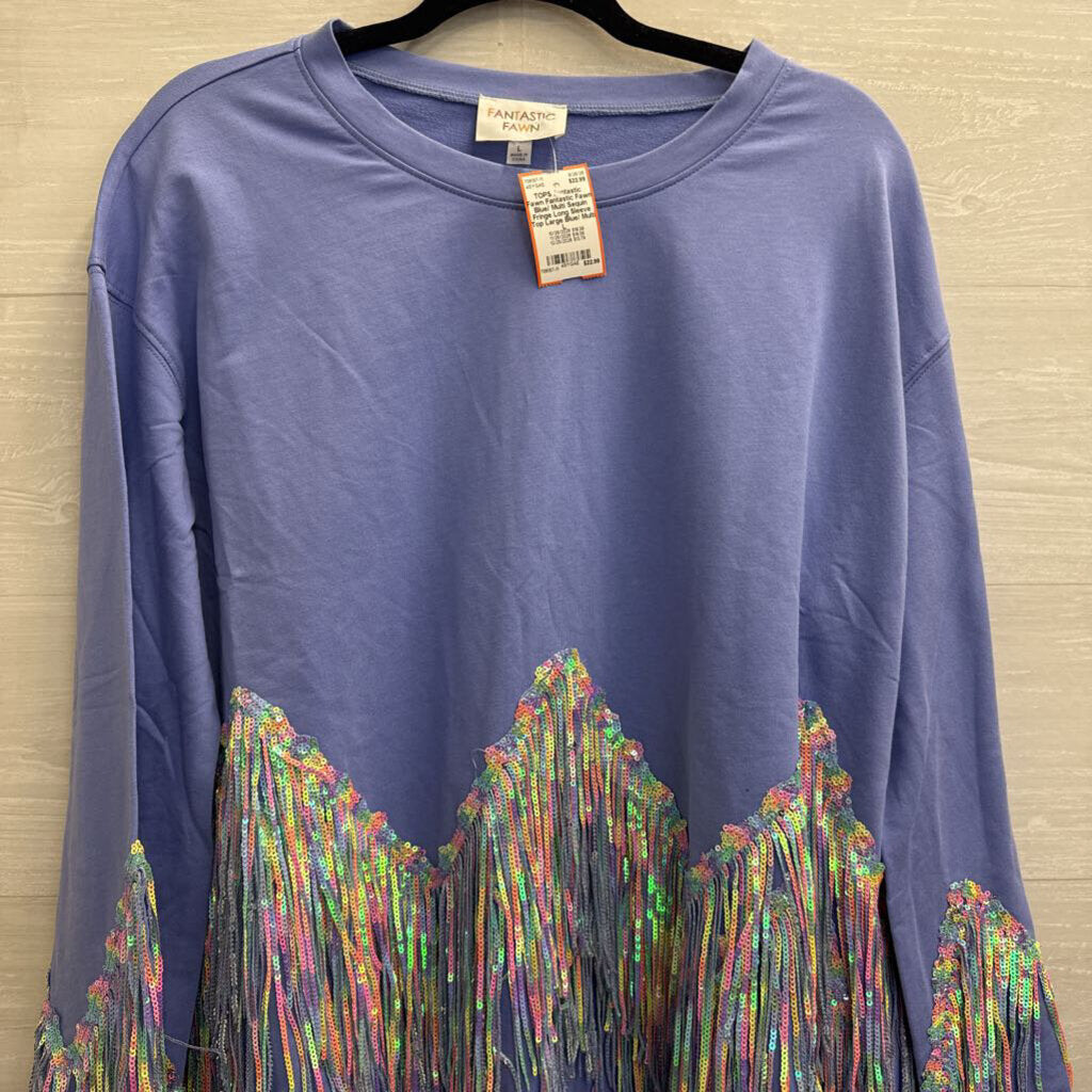 Fantastic Fawn Blue/ Multi Sequin Fringe Long Sleeve Top Large