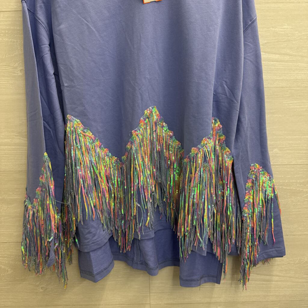 Fantastic Fawn Blue/ Multi Sequin Fringe Long Sleeve Top Large