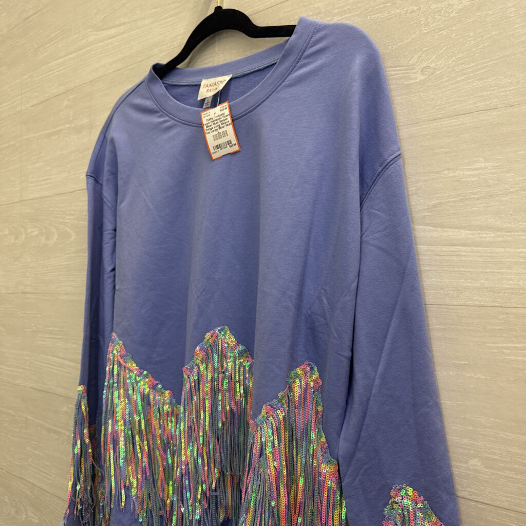 Fantastic Fawn Blue/ Multi Sequin Fringe Long Sleeve Top Large