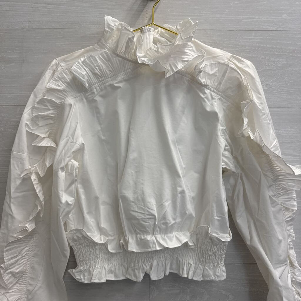 INA White Ruffle Detail Cropped Long Sleeve Top Large