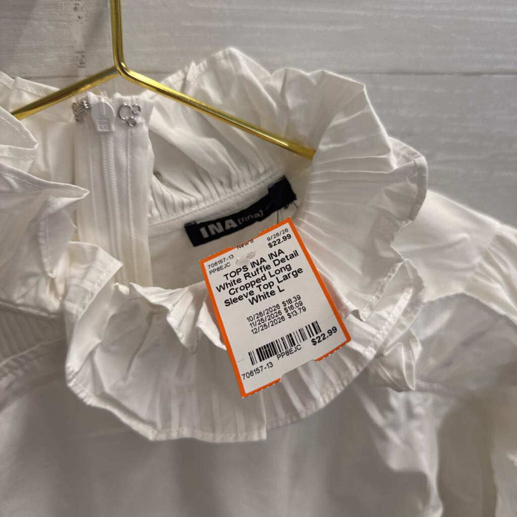 INA White Ruffle Detail Cropped Long Sleeve Top Large