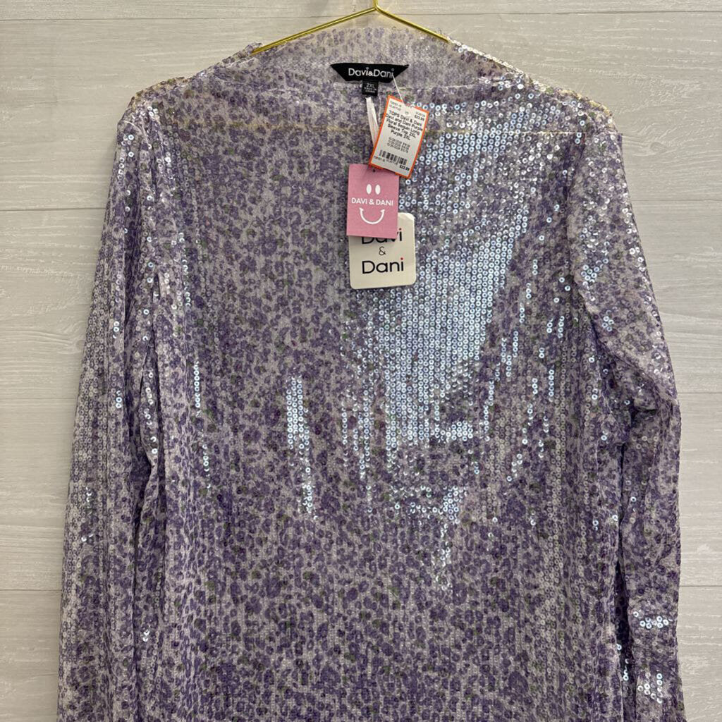 Davi and Dani Purple Floral Sequin Long Sleeve Top 2XL