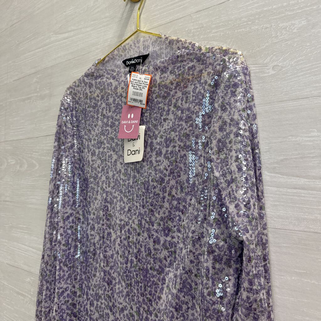 Davi and Dani Purple Floral Sequin Long Sleeve Top 2XL