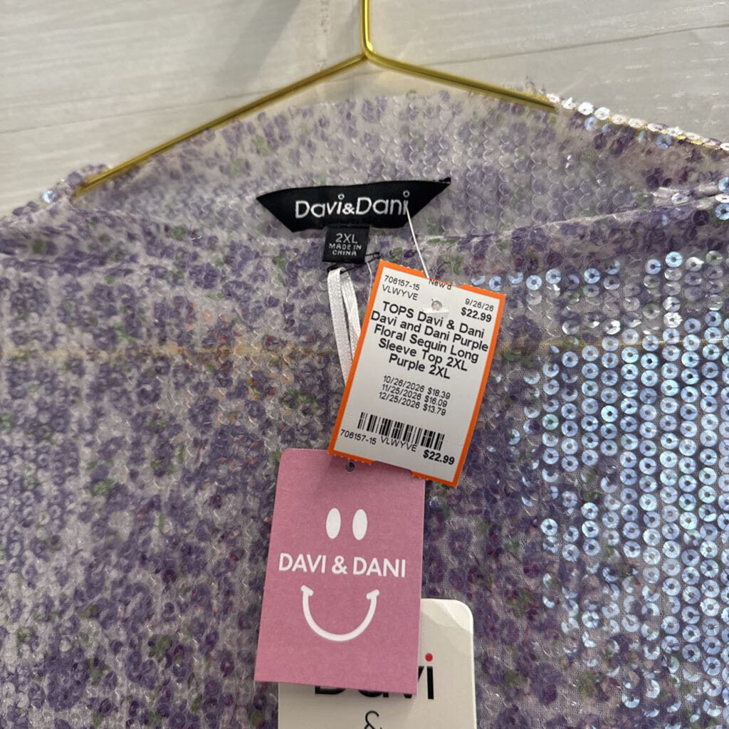 Davi and Dani Purple Floral Sequin Long Sleeve Top 2XL
