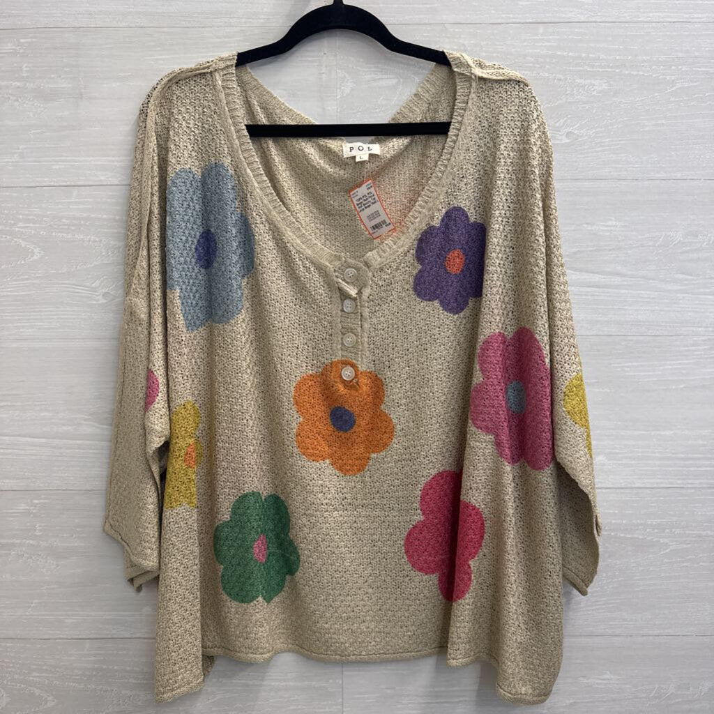 POL Beige/ Multi Floral Knit Slouchy Top Large