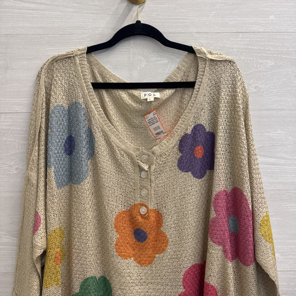 POL Beige/ Multi Floral Knit Slouchy Top Large