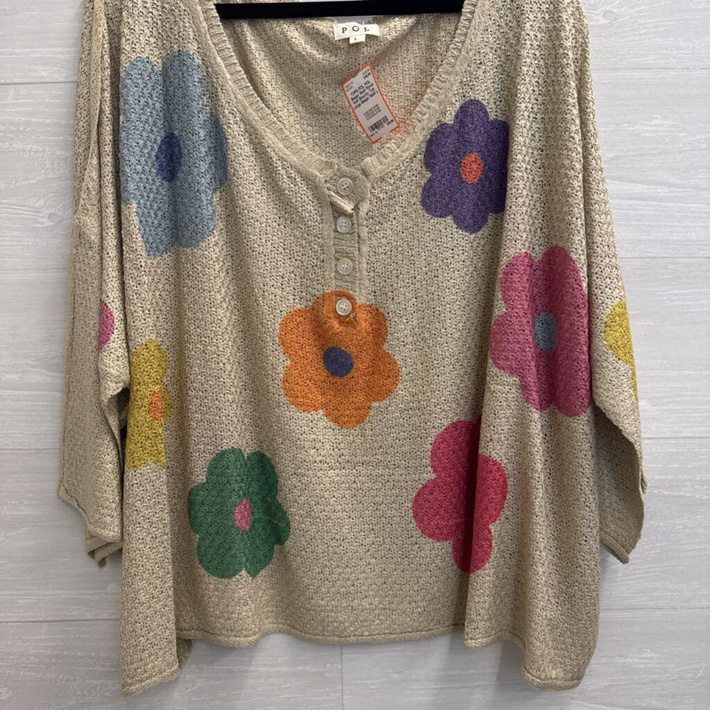 POL Beige/ Multi Floral Knit Slouchy Top Large
