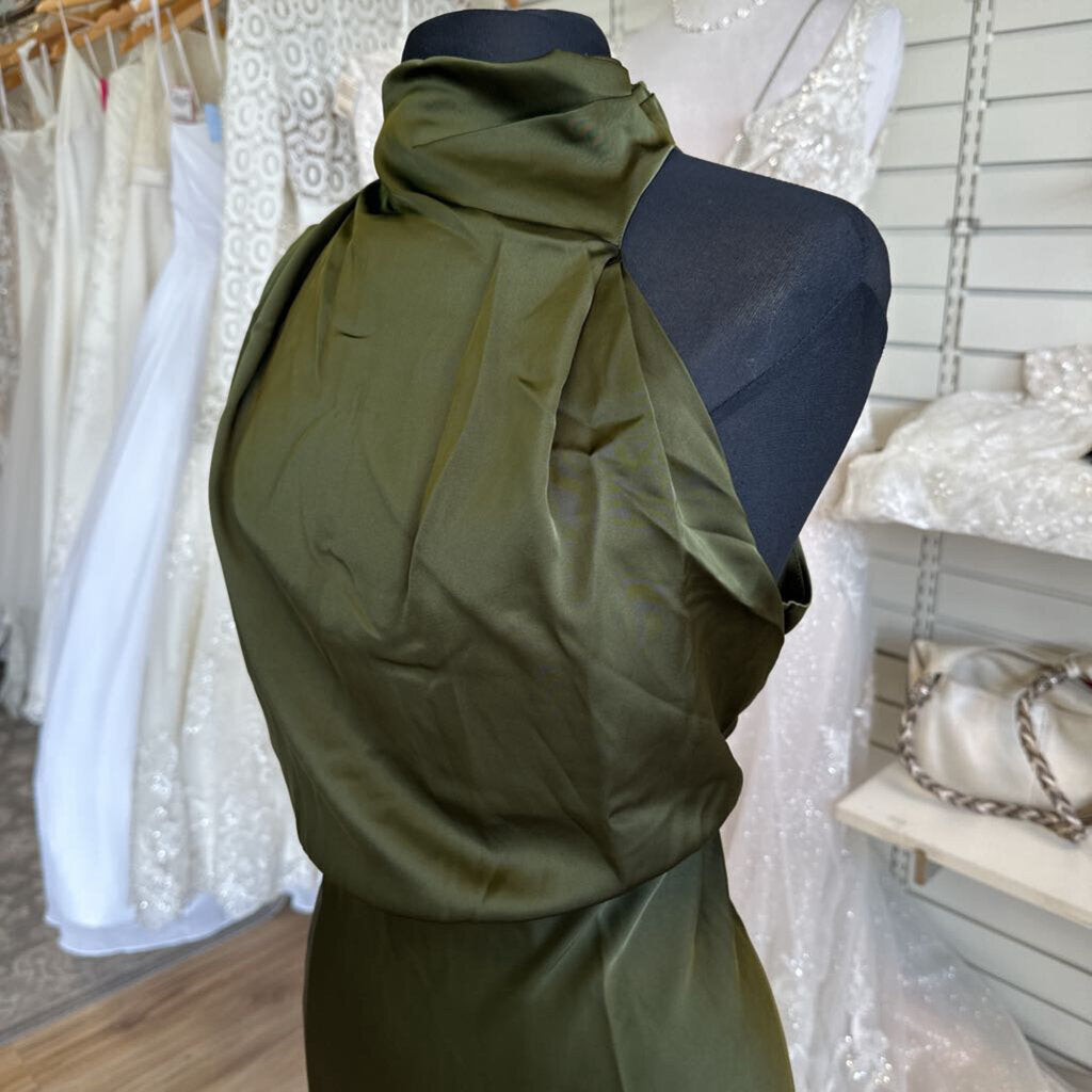 Lulus Olive Green Silky High Neck Sleeveless Long Formal Dress 1X