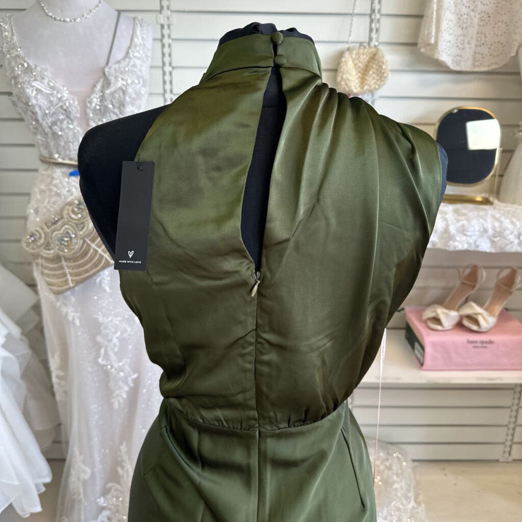Lulus Olive Green Silky High Neck Sleeveless Long Formal Dress 1X