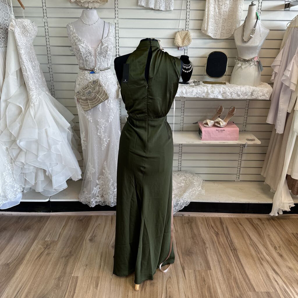 Lulus Olive Green Silky High Neck Sleeveless Long Formal Dress 1X