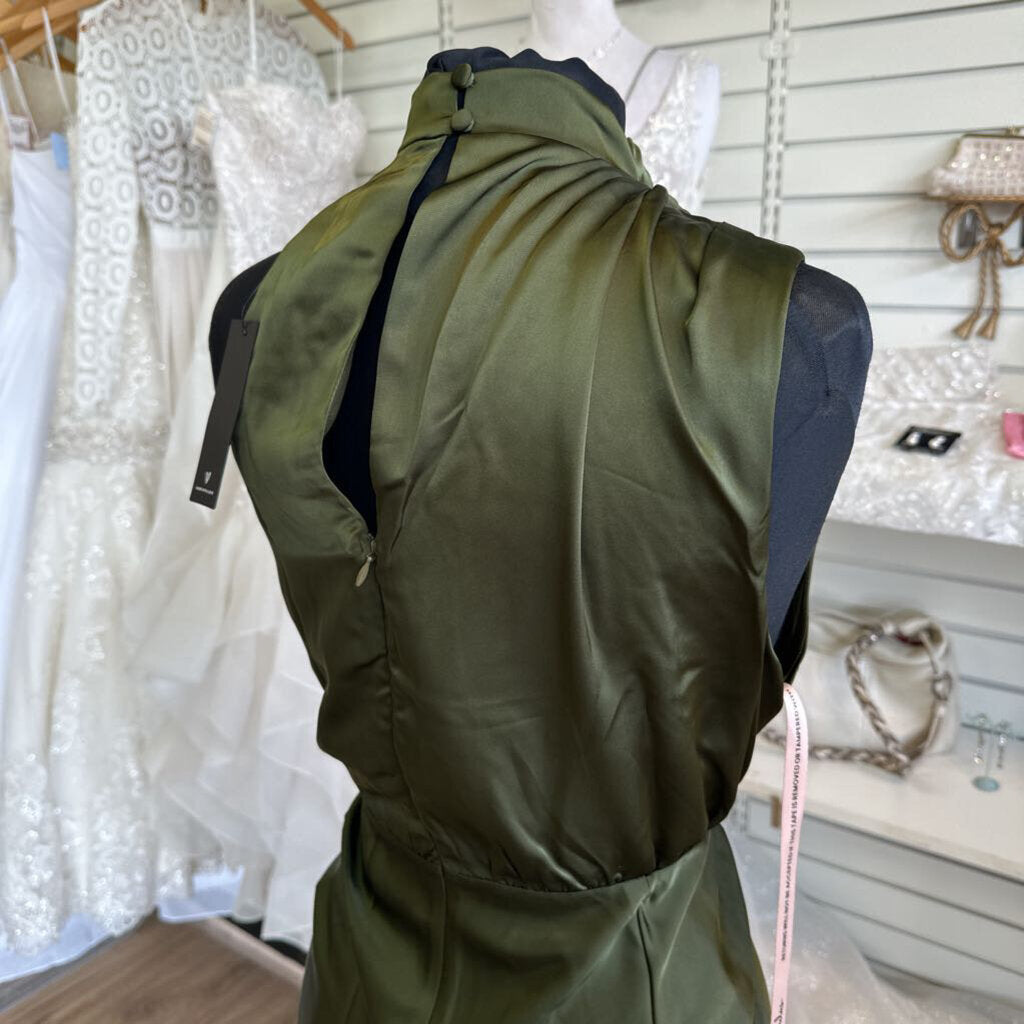 Lulus Olive Green Silky High Neck Sleeveless Long Formal Dress 1X