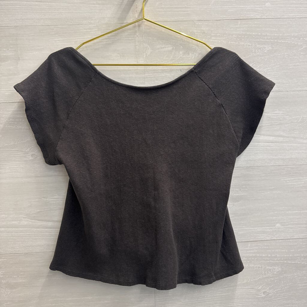 Aerie Grey Ribbed Open Back Cropped Short Sleeve Top XXL