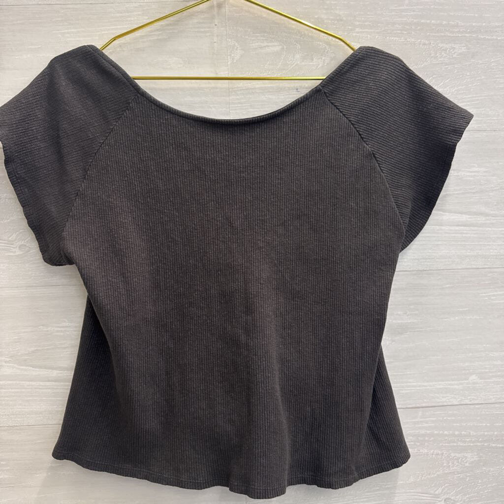 Aerie Grey Ribbed Open Back Cropped Short Sleeve Top XXL
