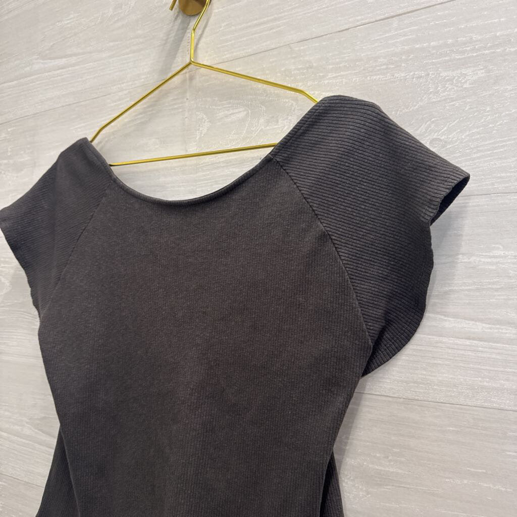 Aerie Grey Ribbed Open Back Cropped Short Sleeve Top XXL