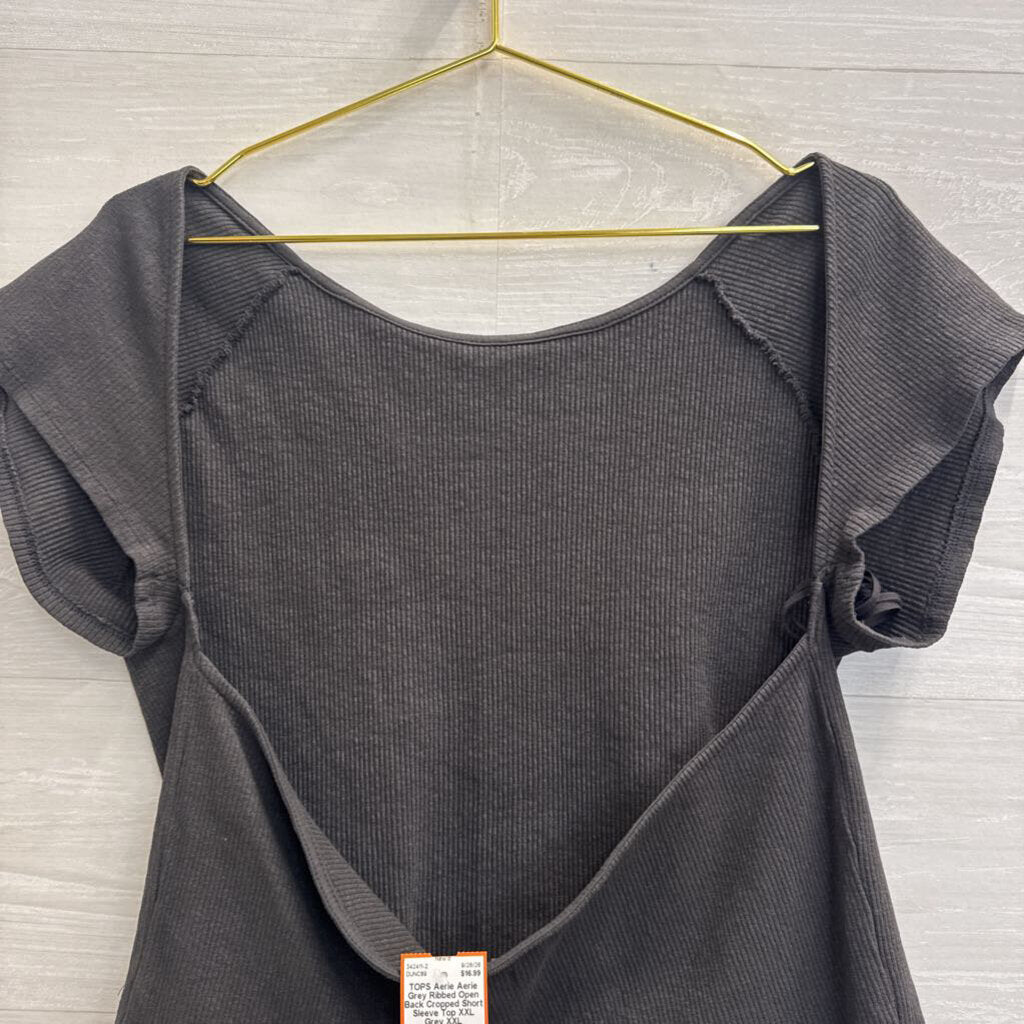 Aerie Grey Ribbed Open Back Cropped Short Sleeve Top XXL